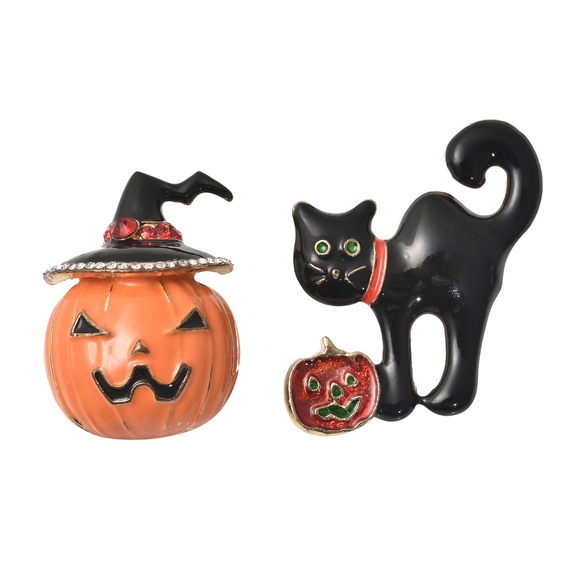 Halloween Pumpkin Or Black Cat Brooch Pin Austrian Crystal Enameled  New Choice - Picture 1 of 10